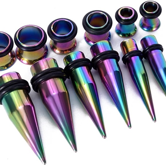 NEW Gauge Earrings Rainbow Steel 2 Tapers 2 Plugs - Picture 3 of 6